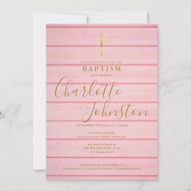 Convite Batismo Rustico Rosa Script (Frente)