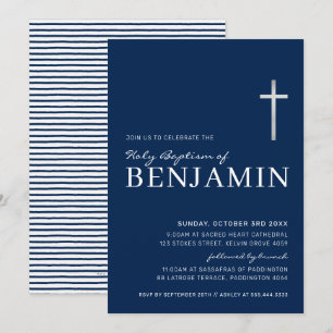 Convite Batismo sagrado e MODERNO marinho azul branco míni