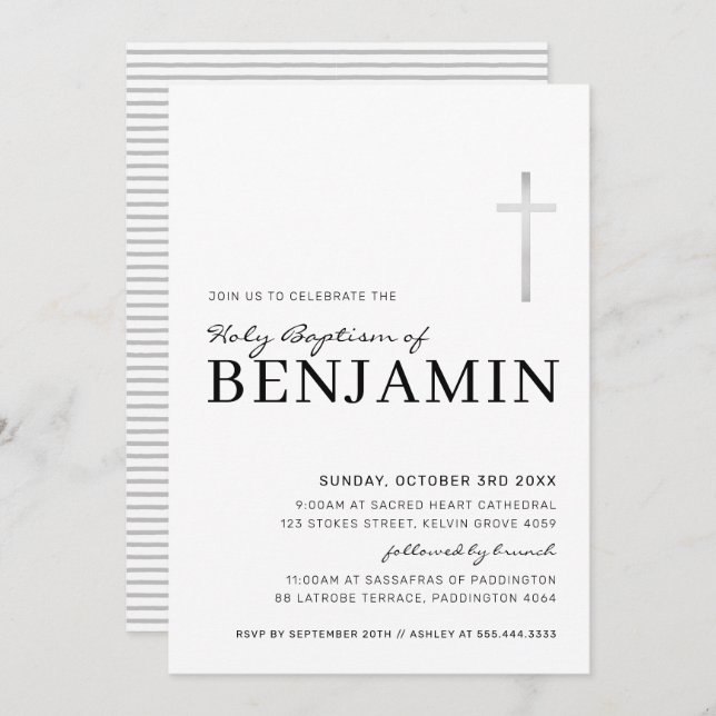 Convite Batismo sagrado MODERNO CRUZADO prata preta mínima (Frente/Verso)