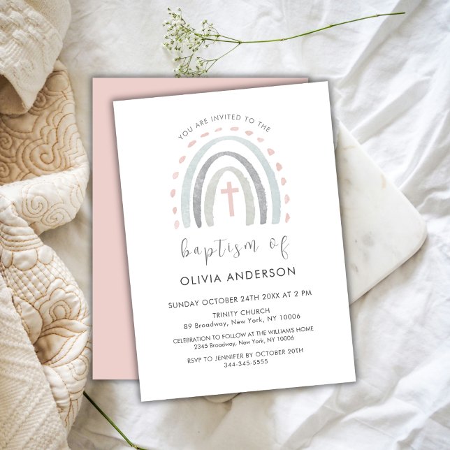 Convite Batismo Simples Boho Rainbow Cross Girl Rosa Rosa (Pink Simple Boho Rainbow Cross Girl Baptism Invitation)
