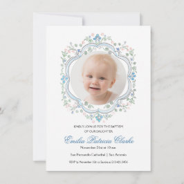 Convite Batismo Simples Cor-de-Rosa Verde Azul Floral