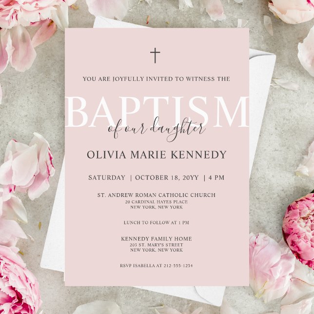 Convite Batismo simples de Rosa de Script Moderno Dusty pa (Moder and elegant, dusty rose baptism invitation)