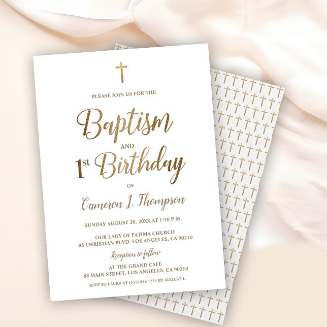 Convite Batismo simples e primeiro aniversario Dourado Ele (Elegant, simple baptism and first birthday - white with gold cross invitation. )