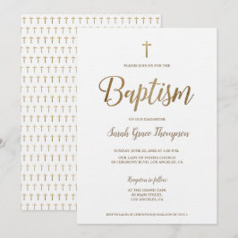 Convite Batismo Simples Moderno Dourado Cruz Branca Puro