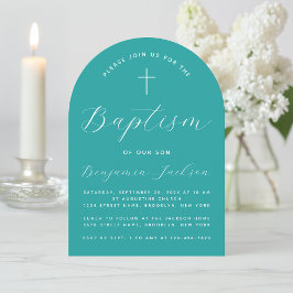 Convite Batismo Teal Arch Cross e Script Boy Christening