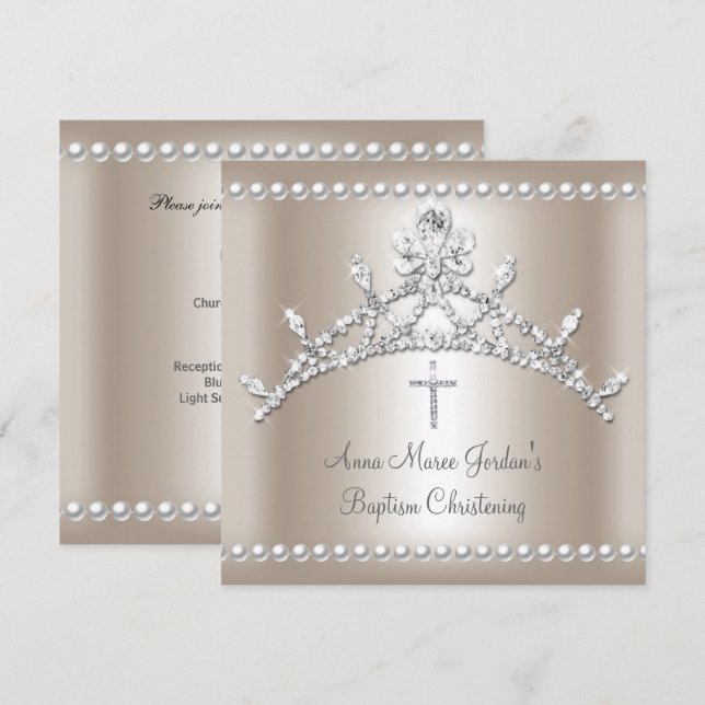 Convite Batismo Tiara Sepia Silver White Pearl Diamond (Frente/Verso)