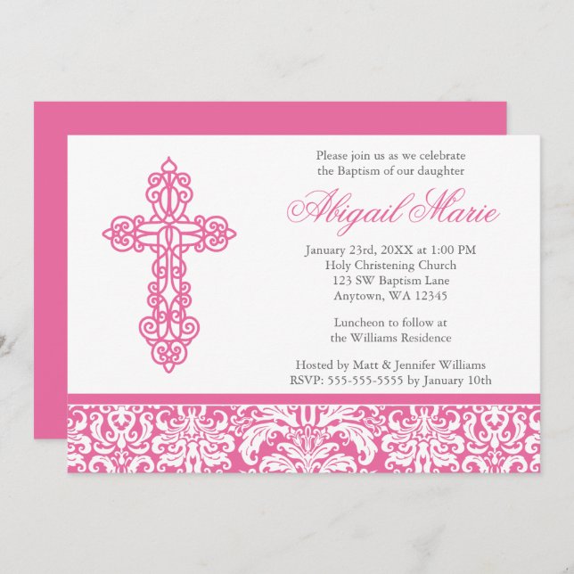 Convite Batismo transversal ornamentado cor-de-rosa do (Frente/Verso)