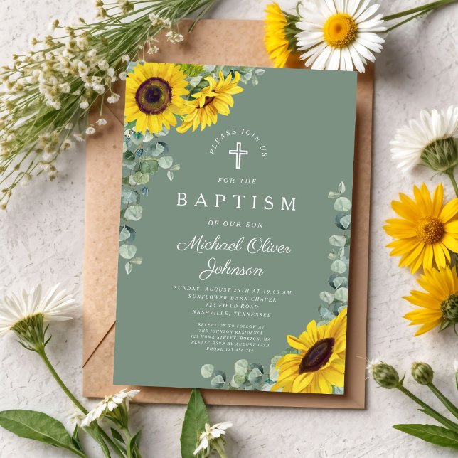 Convite Batismo Verde da Cruz de Girassol Elegante (Elegant Sage Green Sunflower Cross Baptism Invitation)
