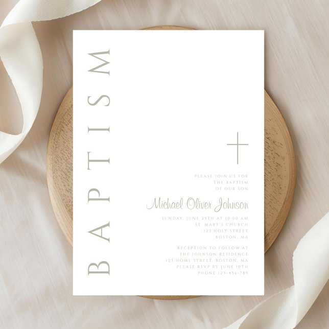 Convite Batismo Verde da Cruz Elegante (Elegant Script Sage Green Cross Baptism Invitation)