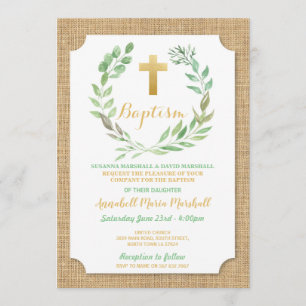 Convite Batismo Verde de Leaf Burlap Criador Natural
