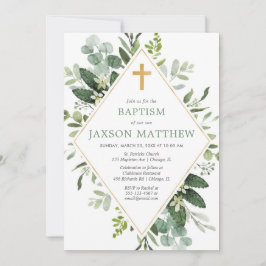 Convite Batismo verde de ouro verde e eucalipto moderno e