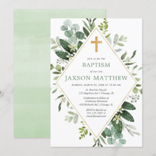 Convite Batismo verde de ouro verde e eucalipto moderno e 