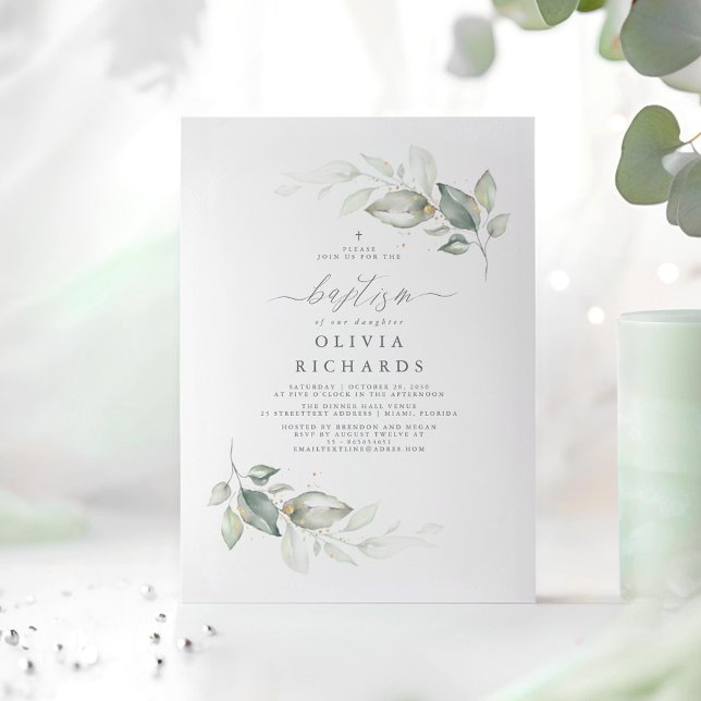 Convite Batismo Verde Elegante Moderno (Minimalist Greenery Elegant Baptism Invitations)