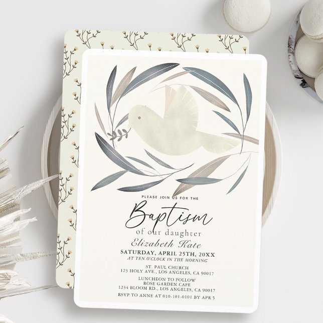 Convite Batismo Verde-Oliveira-Dove-Branca (Criador carregado)