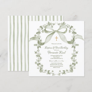 Convite Batismo Verde Sage Elegante Toile Francês