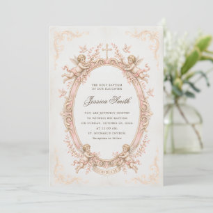 Convite Batismo Vintage Renascença Querubim Rosa