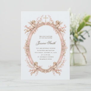 Convite Batismo Vintage Renascença Querubim Rosa