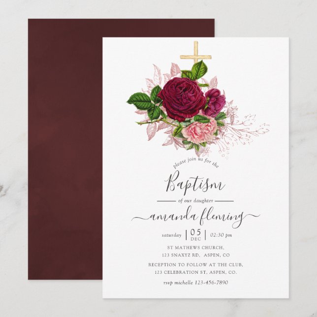 Convite Batismo Vintage Shabby-Chic Rosa e Borgonha (Frente/Verso)