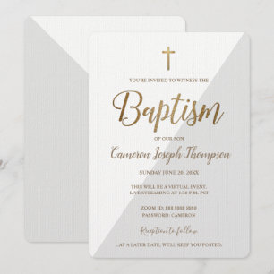 Convite Batismo Virtual Cruzado Dourado, de Cinzas Simples
