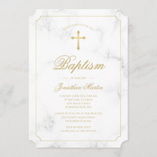 Convite Batismo White Marble Dourado Cross Script