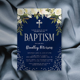 Convite Batizado Azul Floral Prata Menino Batismo