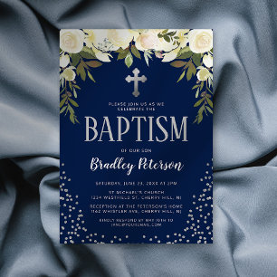 Convite Batizado Azul Floral Prata Menino Batismo