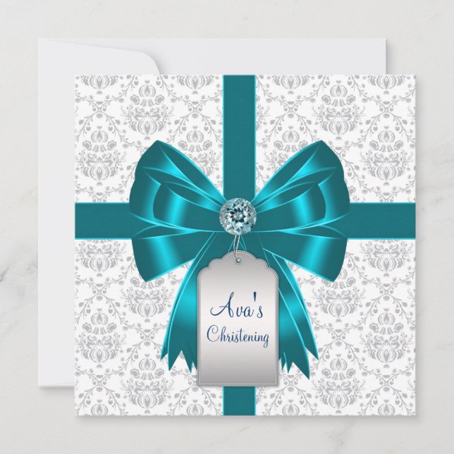 Convite Batizado de Bebê em Azul Teal Damasco Branco (Frente)