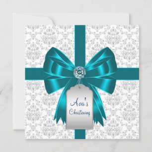 Convite Batizado de Bebê em Azul Teal Damasco Branco