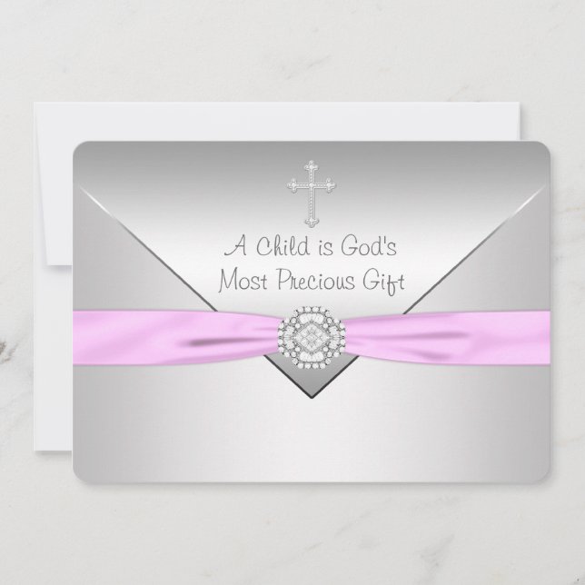 Convite Batizado de Bebê Menina Cruz Rosa (Frente)