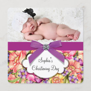 Convite Batizado de Bebê Menina Floral Rosa Roxo