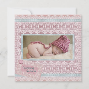 Convite Batizado de Bebê Menina Rosa Antigo Teal