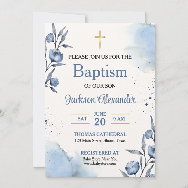 Convite Batizado de Bebê Menino com Floral Azul Pastel (Frente)