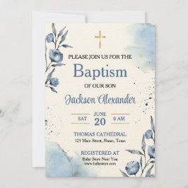 Convite Batizado de Bebê Menino com Floral Azul Pastel