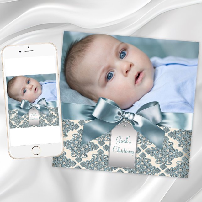 Convite Batizado de Bebê Menino em Bege Azul Damasco (Boy photo Christening or Baptism invitation. Instant download and printed invitations available.)