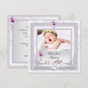 Convite Batizado de Menina Batismo Branco Lilás Rosa