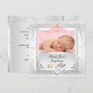 Convite Batizado de Menina Batismo Branco Rosa