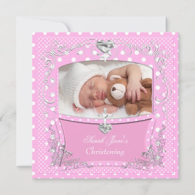 Convite Batizado de Menina Bebê Rosa Pontinhos 2 (Frente)