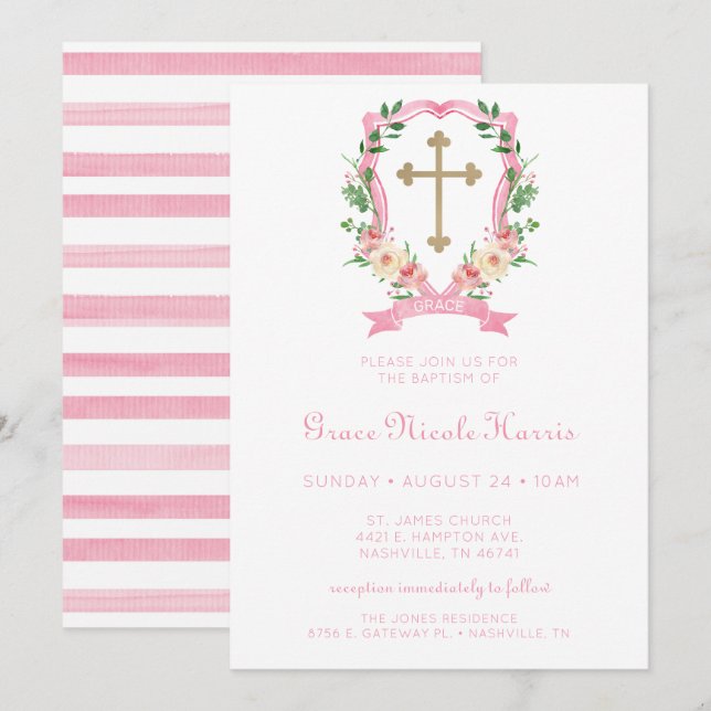 Convite Batizado de Menina com Floral Rosa (Frente/Verso)
