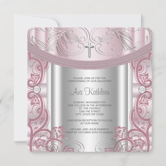 Convite Batizado de Menina com Prata e Rosa (Frente)