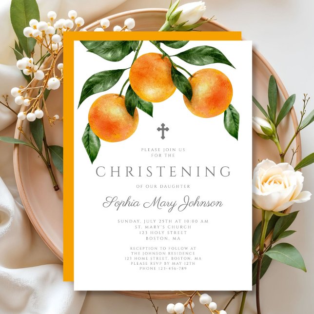 Convite Batizado de Menina Laranja Elegante (Elegant Oranges Girl Christening Invitation)