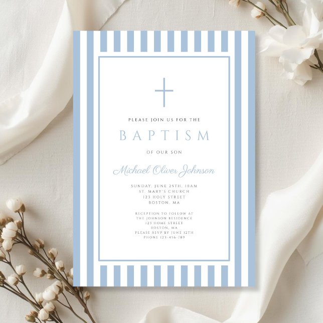 Convite Batizado de Menino Azul Bebê Elegante (Elegant Baby Blue Boy Baptism Invitation)