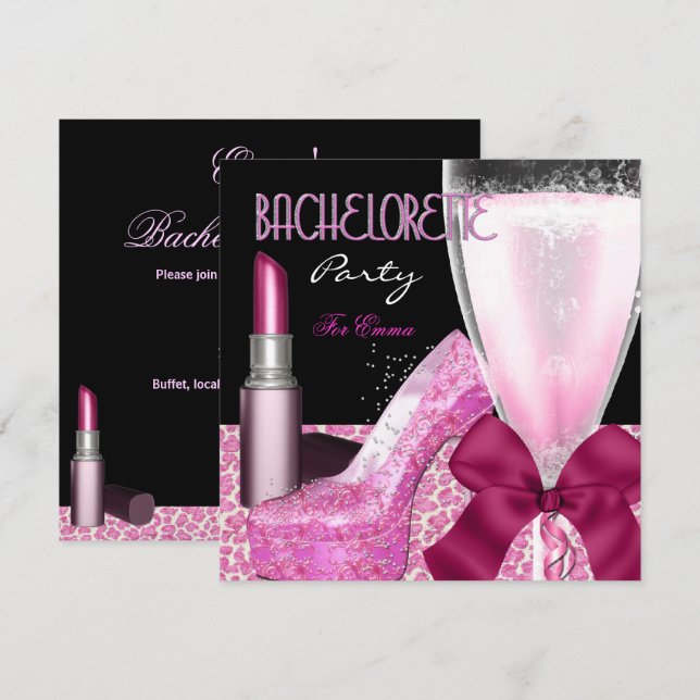 Convite Batizado de Noiva Batom Rosa Champanhe (Frente/Verso)