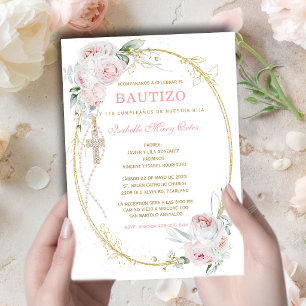 Convite Batizado e Primeiro Aniversário Menina Rosa Flores