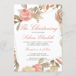 Convite Batizado Floral Rosa Elegante Aquarela
