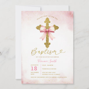 Convite Batizado Menina Coquete Laço Rosa Cruz Batismo