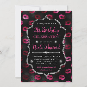 Convite Batom Brilhante Rosa e Preto Aniversário de 21 Ano