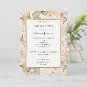 Convite Batom Creme Dourado Rosas Rosa Floral Chá de Noiva