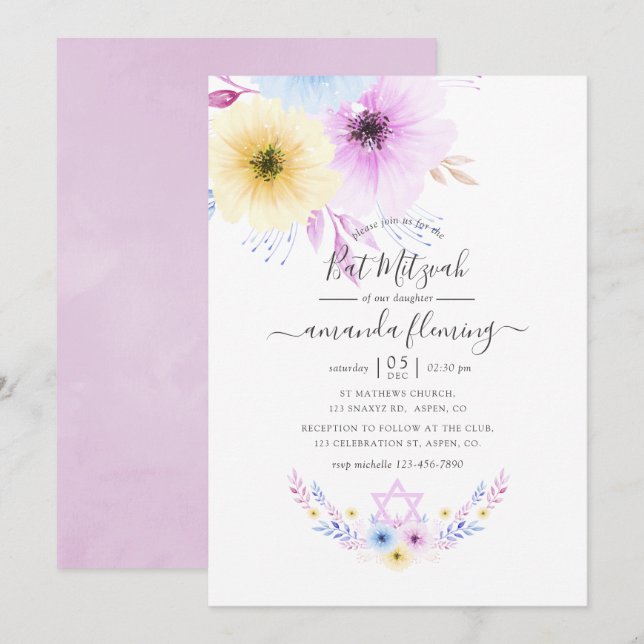 Convite Batom de Mitzvah Floral Rosa e Azul Pastel (Frente/Verso)