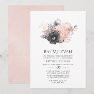 Convite Batom de Mitzvah Floral Rosa Pastel e Carvão