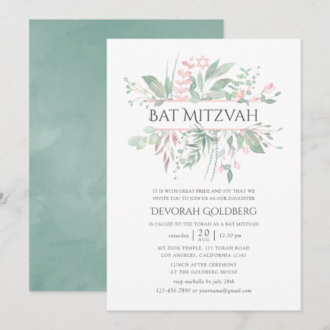 Convite Batom de Pastel Verde Bat Mitzvah (Frente/Verso)